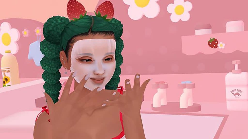 A Sim putting makeup on in Sims 4