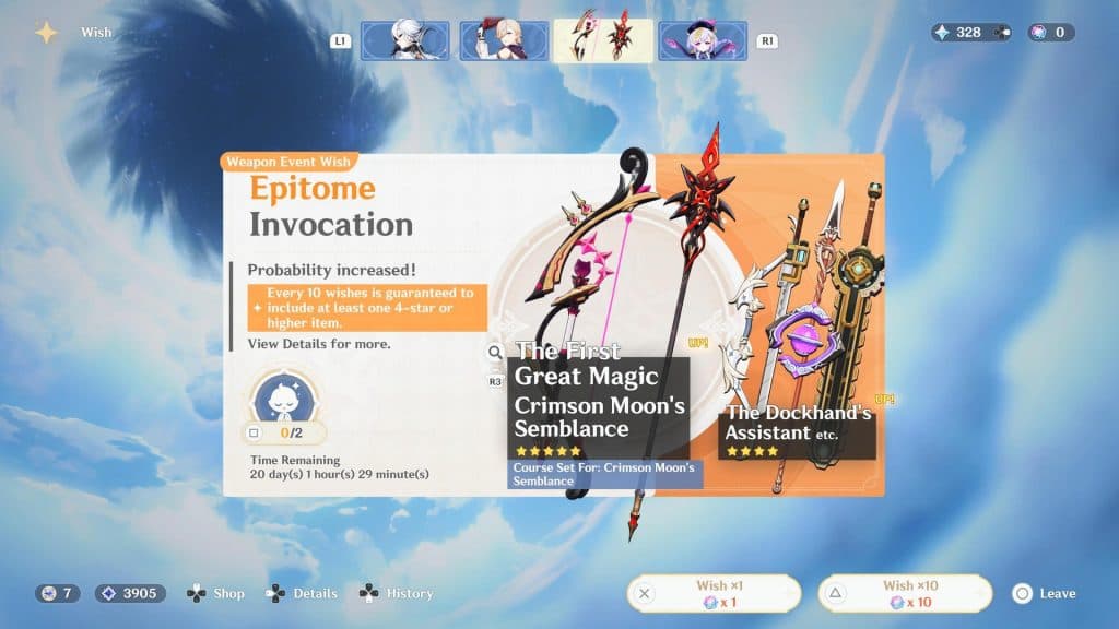 Crimson Moon's Semblance (Polearm) and The First Great Magic (Bow)