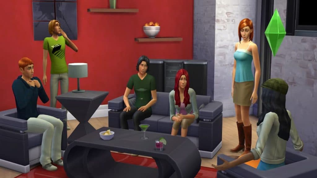 Characters in a living room in The Sims 4.