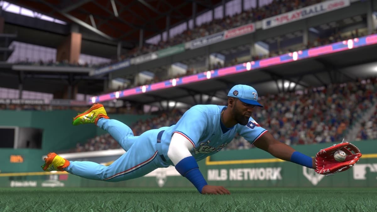 MLB The Show 24 Outfielder catching the ball