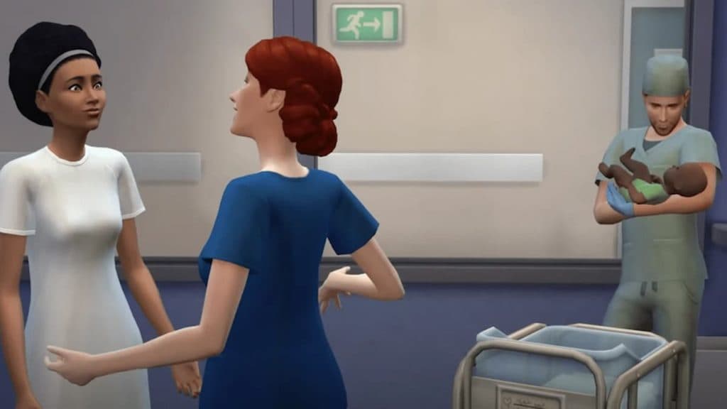 Characters in a hospital in The Sims 4