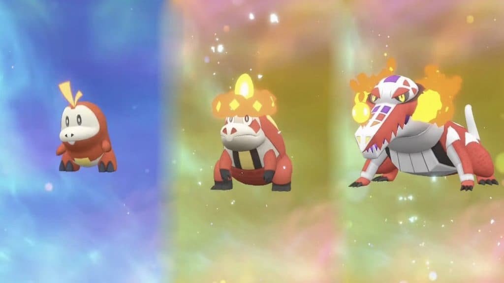 Fuecoco, Crocalor, and Skeledirge in Pokemon Scarlet and Violet.