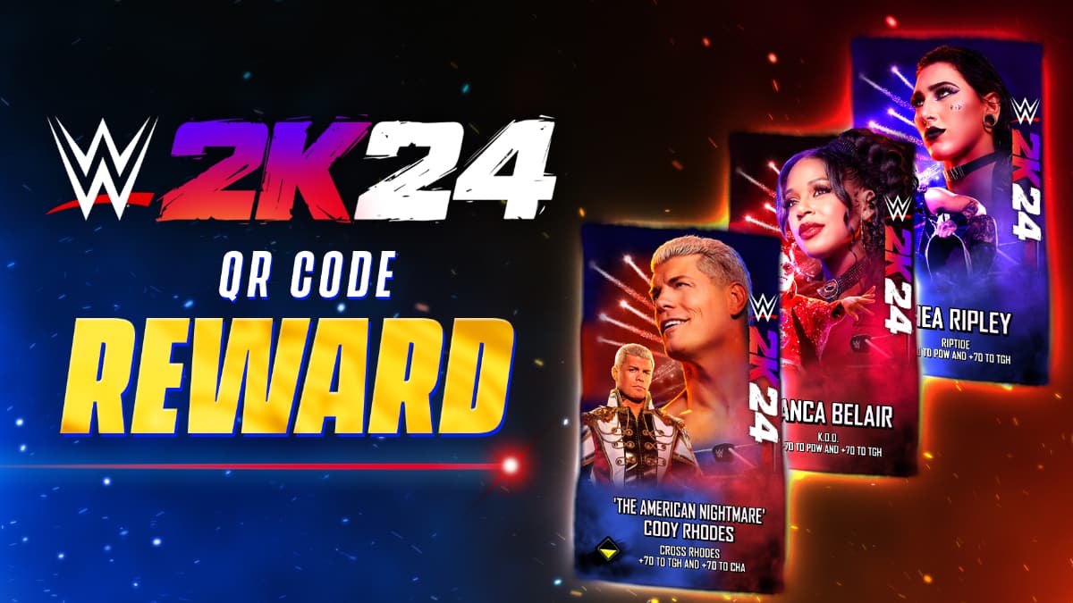 WWE 2K24-themed Cody Rhodes, Bianca Belair, and Rhea Ripley SuperCards
