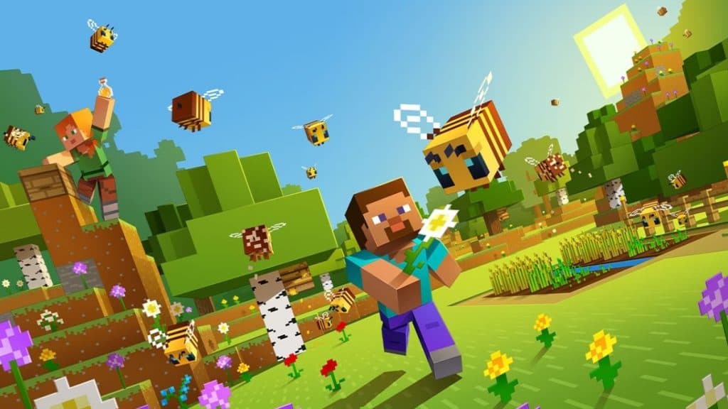Personaggio di Minecraft che corre in aree verdi aperte con api e altri fiori sullo sfondo