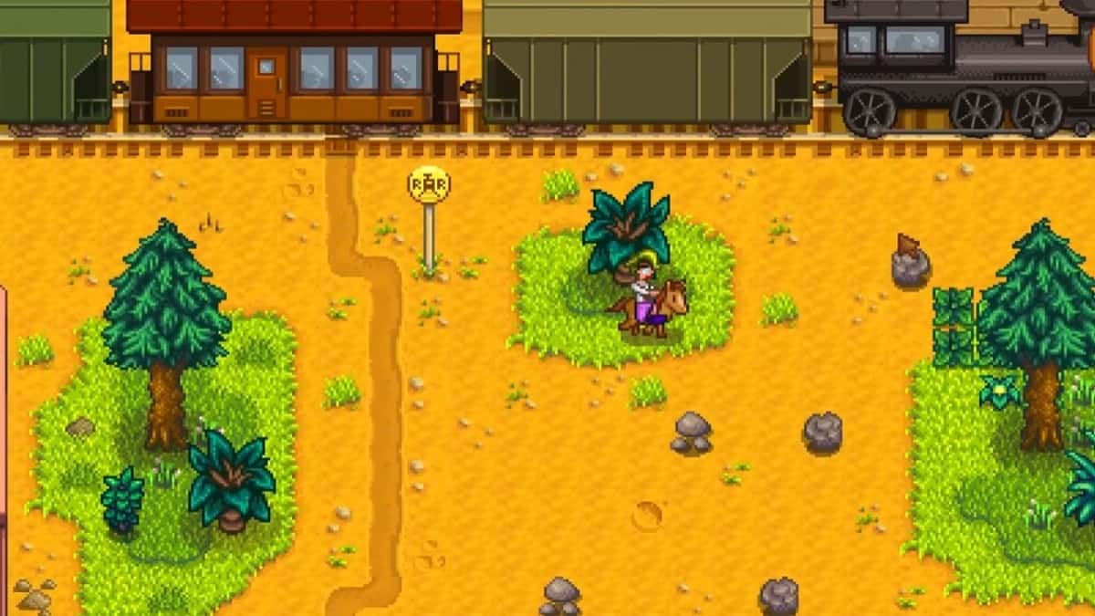 Player near a train passing in Stardew Valley