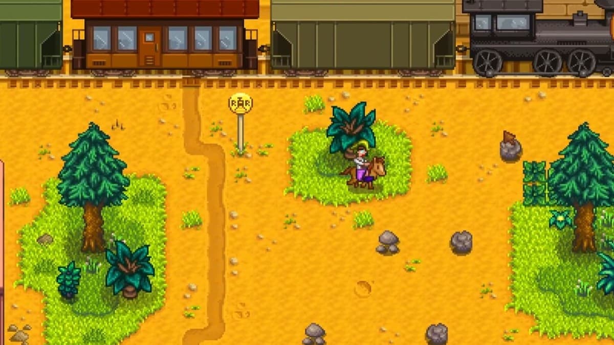 Player near a train passing in Stardew Valley