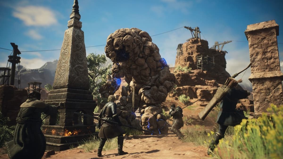 Arisen and Pawns fighting a Golem in Dragon's Dogma 2