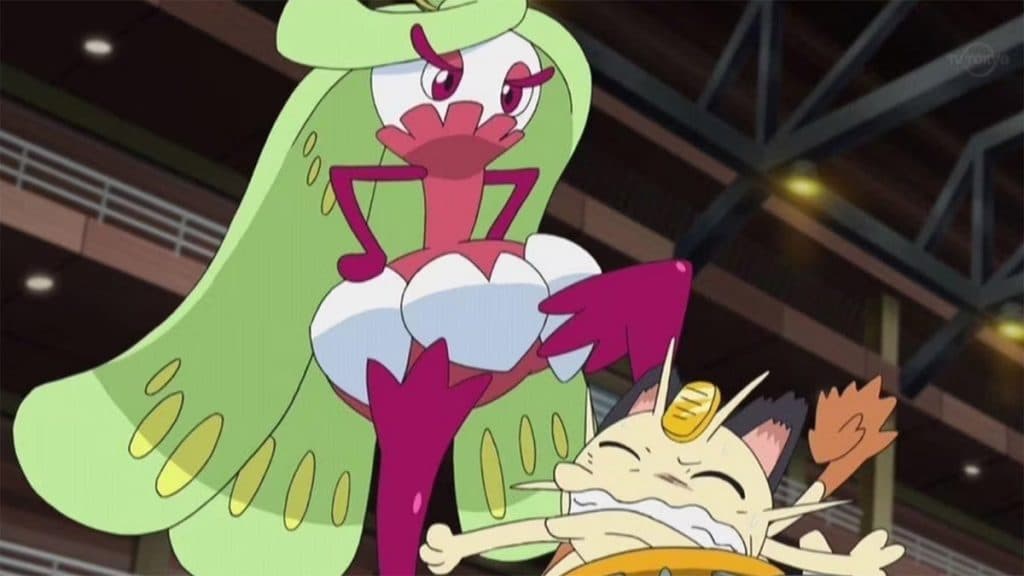 Tsareena kicking Meowth Pokemon Anime