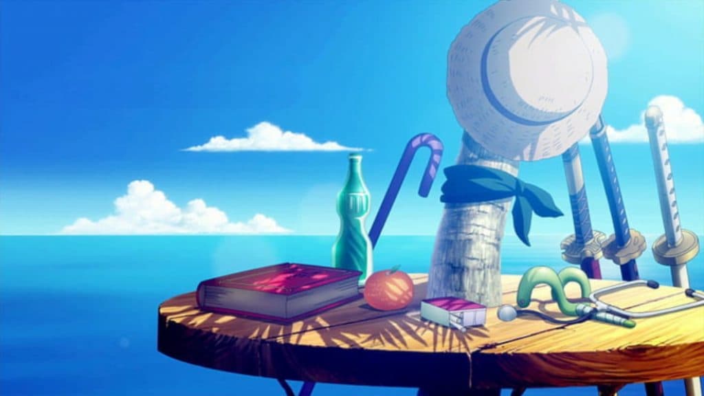 A table ith Luffy's belongings Cursed Sea.