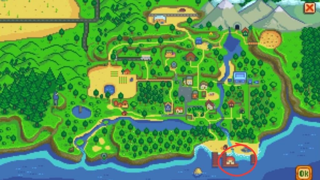 Stardew Valley map with south beach and beach farm marked