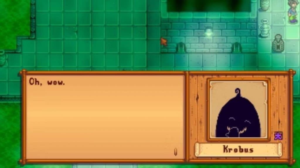 Krobus and the farmer in Stardew Valley