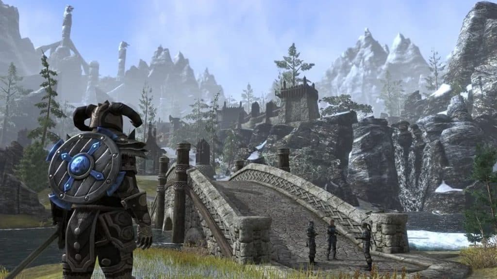 Elders Scroll online player standing in front of a bridge