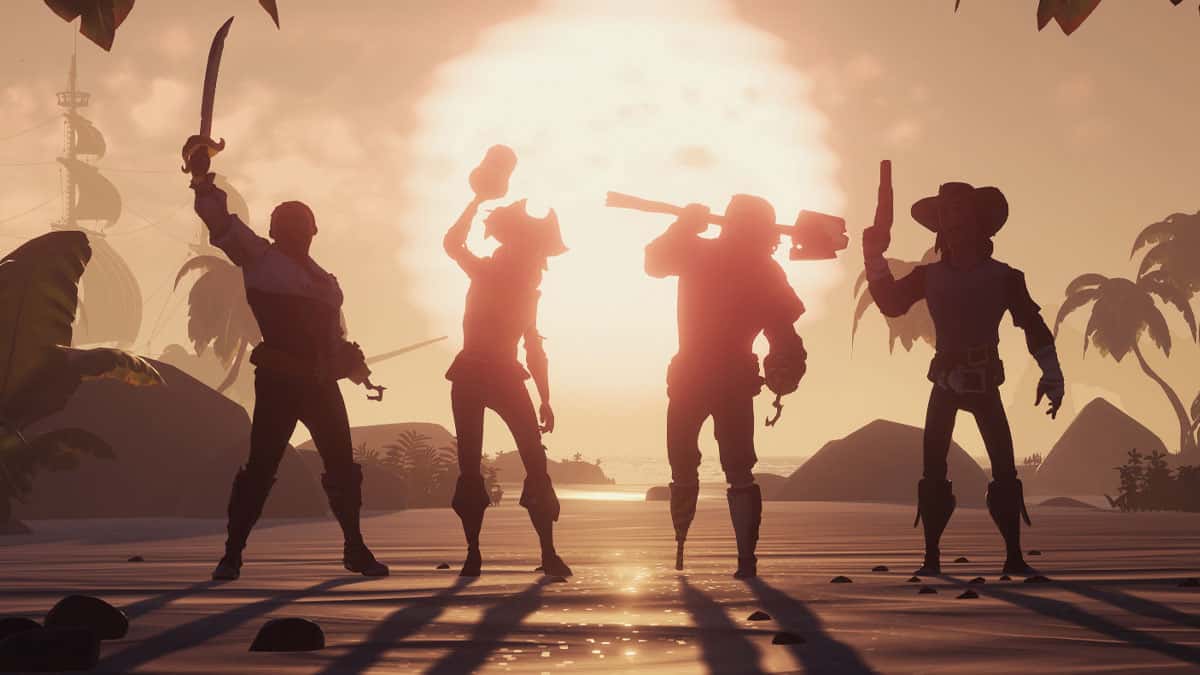 Sea of Thieves players standing together on a beach
