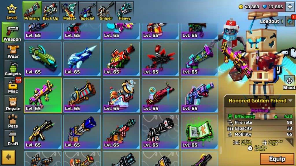 An inventory in Pixel Gun 3D