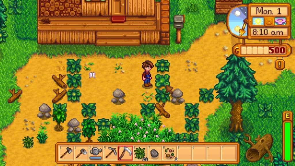 Stardew Valley player standing next to a bush exclusive to the Forest Farm