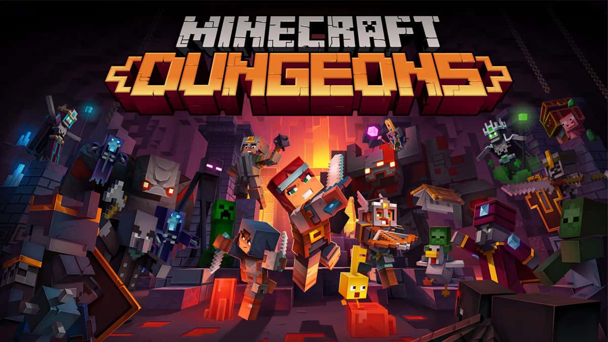 Schermata del titolo di Minecraft Dungeons.
