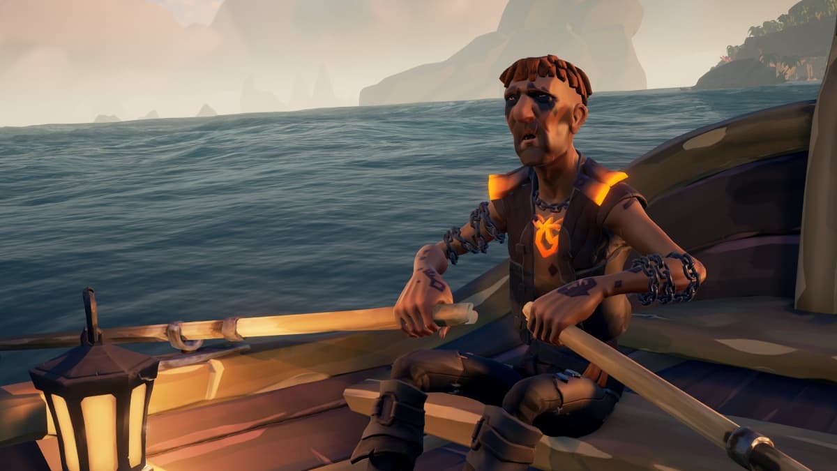 A pirate on a rowing boat in Sea of Thieves