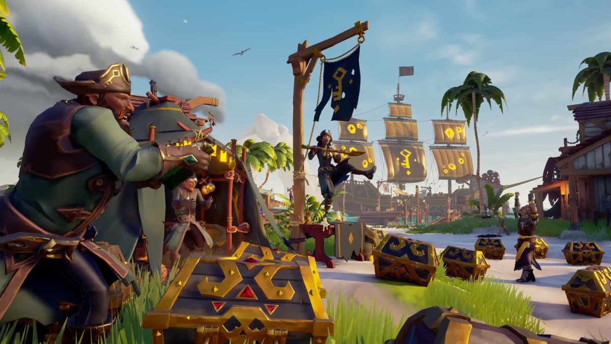 Sea of Thieves pirate dancing with chest full of riches