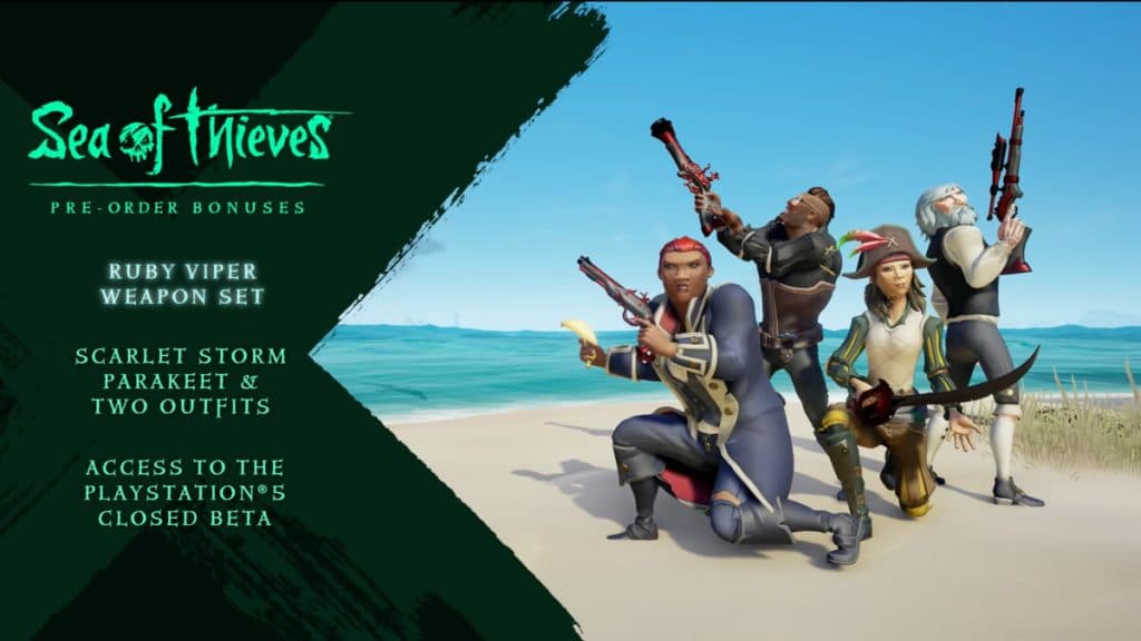 Sea of Thieves pirates posing with pre-order bonuses written alongside