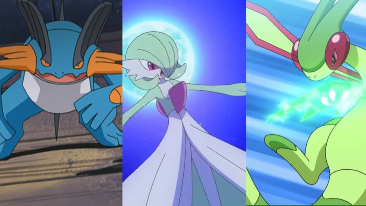 Swampert, Gardevoir, and Flygon using their signature moves in Pokemon Anime.