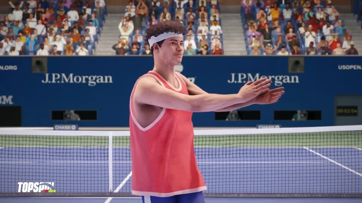 TopSpin 2K25's MyPlayer celebrating a win.