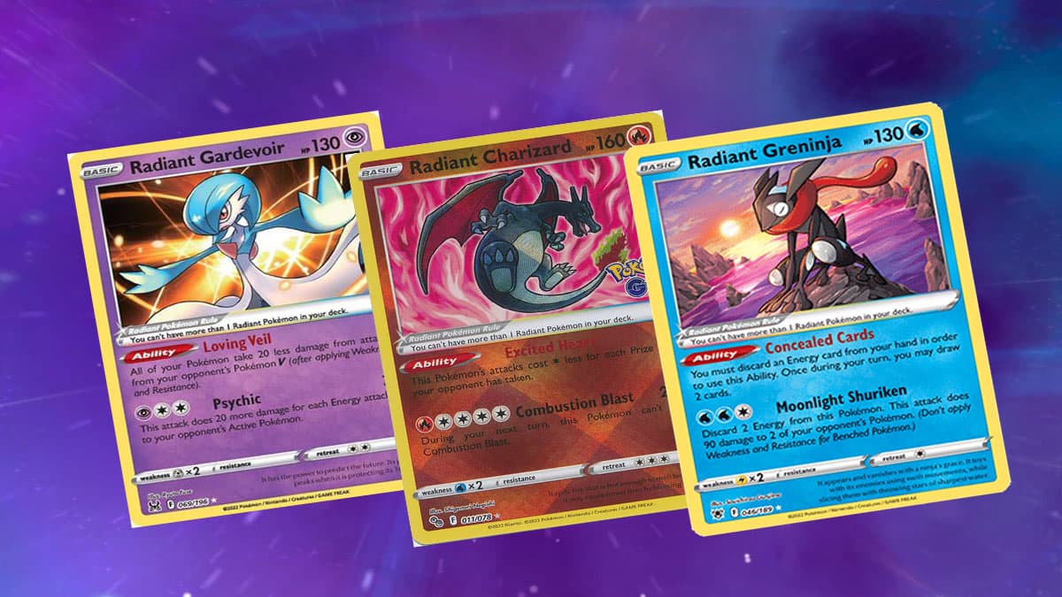 Radiant Cards in Pokemon TCG Radiant Greninja, Radiant Gardevoir, and Radiant Charizard