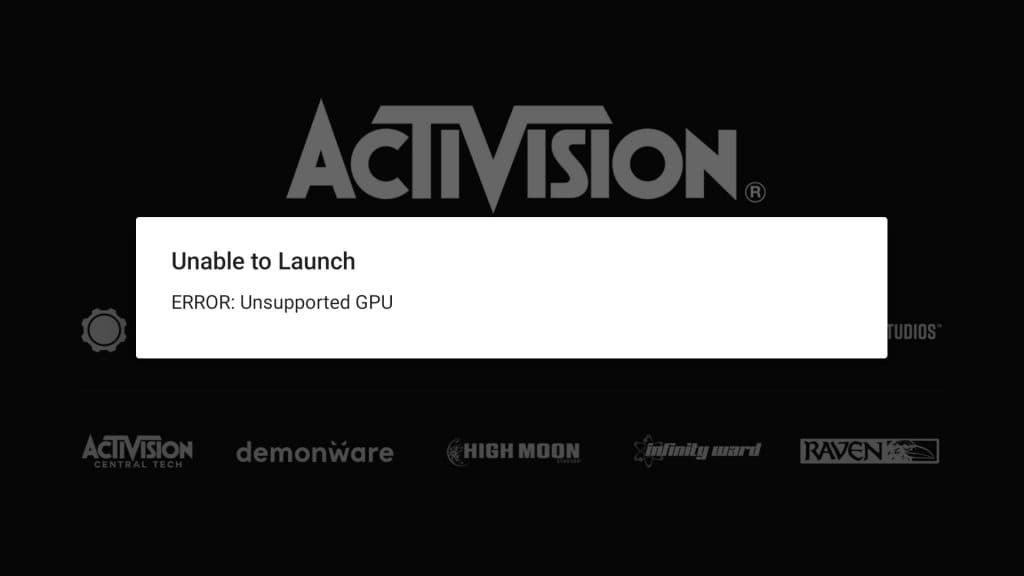 Unsupported GPU error pop-up in Call of Duty: Warzone Mobile.