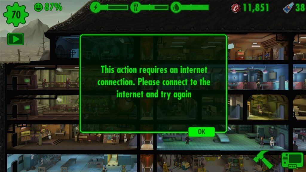Fallout Shelter internet connection error.