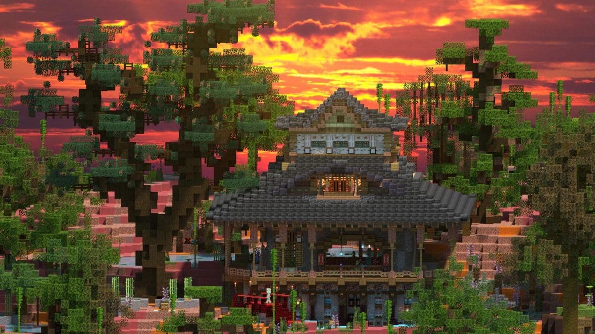 Minecraft castle in front of a sunset and trees