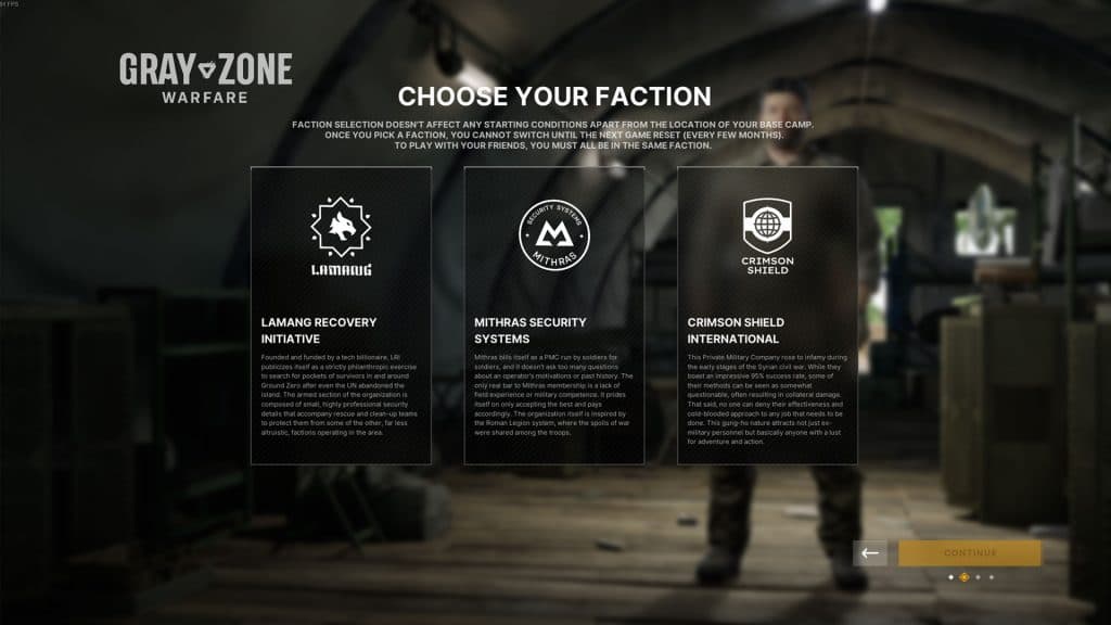 Gray Zone Warfare factions screen showing Lamang Recovery Initiative, Mithras Security Systems, Crimson Shield International and their descriptions