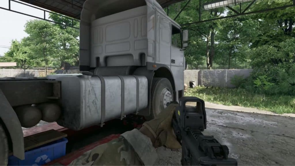 grey zone warfare player beside white truck