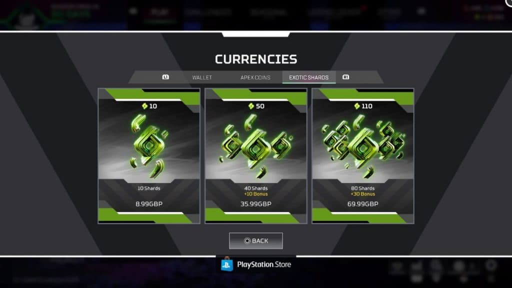 exotic shards prices in apex legends for playstation